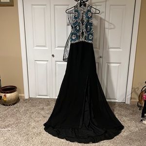 Black with Blue and Silver Sequin and Beaded Prom Dress